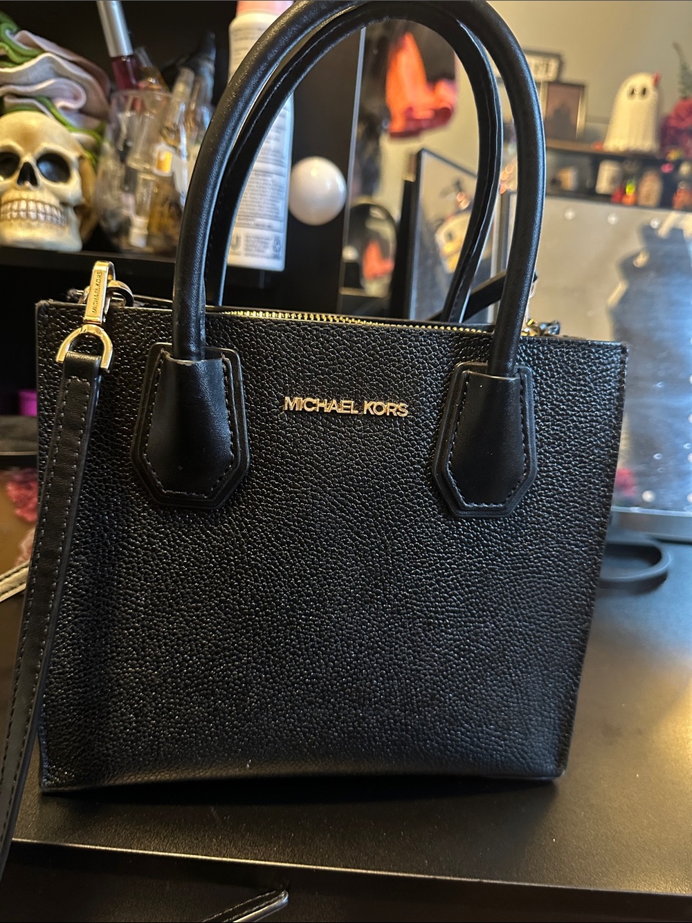 Michael Kors Black Pebbled Leather Mini Tote with Gold Hardware
